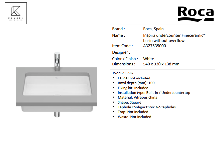 Roca Inspira UCT basin 605x390mm white A327535000