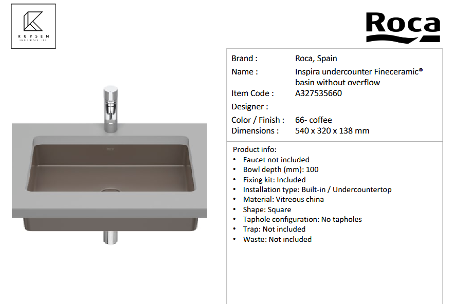 Roca Inspira UCT basin 605x390mm coffee A327535660