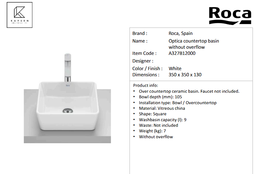 Roca OPTICA countertop basin w/o overflow A327B12000