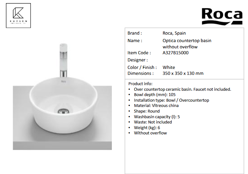 Roca OPTICA countertop basin w/o overflow A327B15000