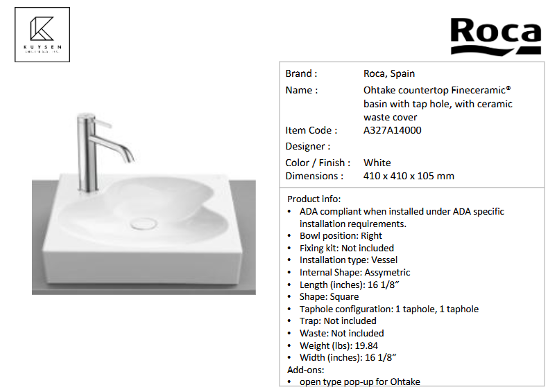 Roca Ohtake Countertop Basin White A327A14000
