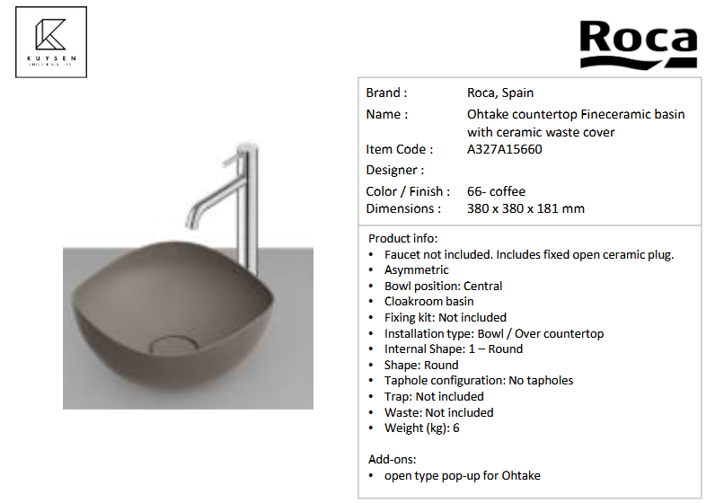 Roca Ohtake Countertop Basin Coffee A327A15660