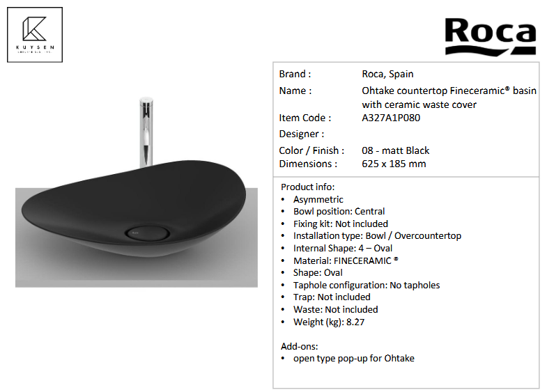 Roca Ohtake Countertop Basin Matt Black A327A1P080