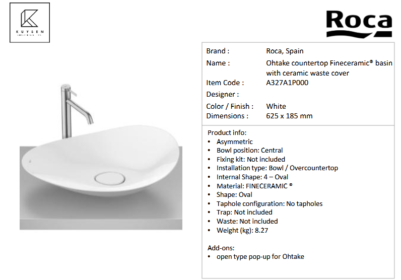 Roca Ohtake Countertop Basin White A327A1P000