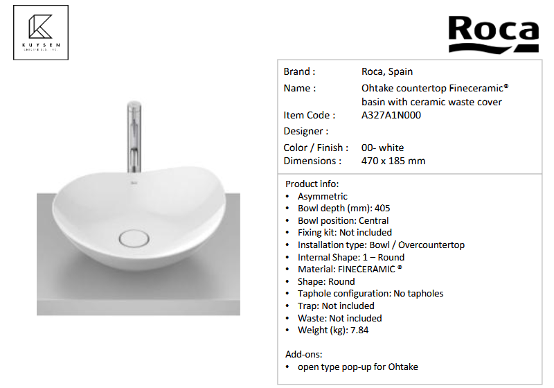 Roca Ohtake Countertop Basin White A327A1N000