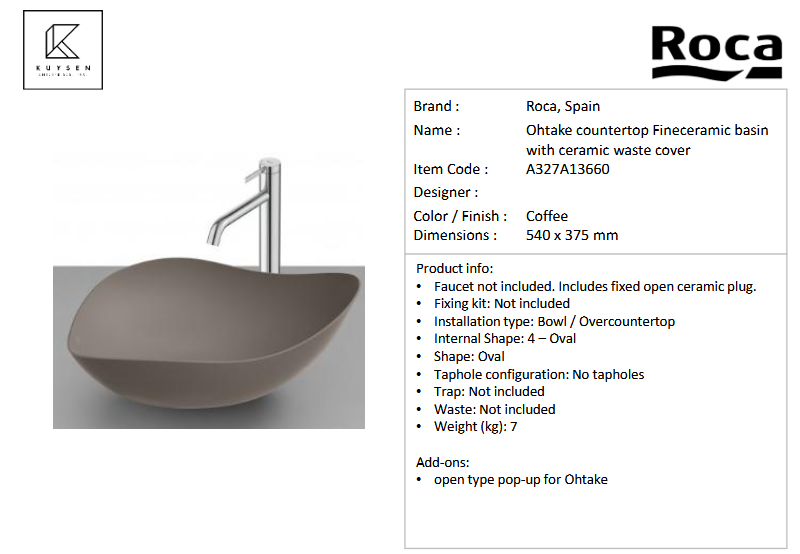 Roca Ohtake Countertop Basin Coffee A327A13660