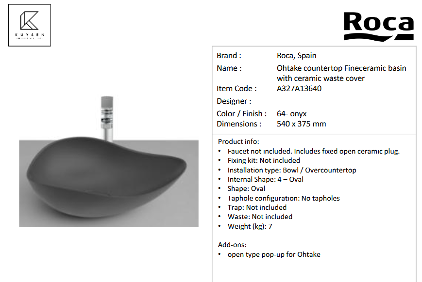 Roca Ohtake Countertop Basin Onyx A327A13640
