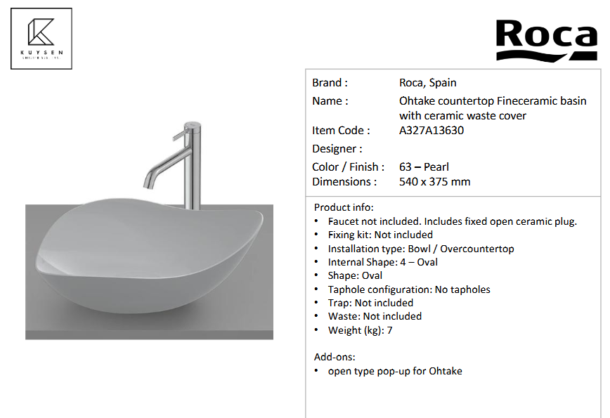 Roca Ohtake countertop basin pearl A327A13630