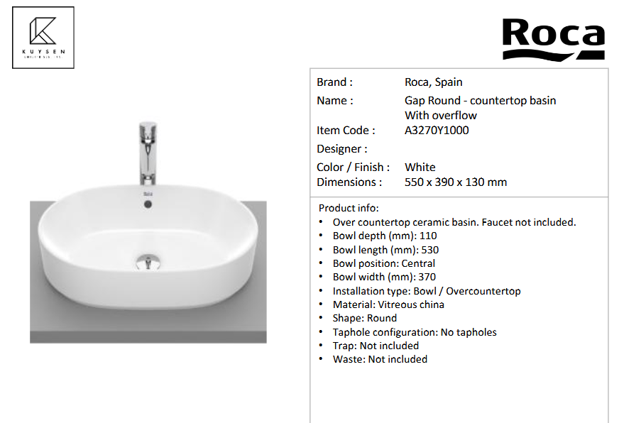 Roca GAP ROUND countertop basin with overflow A3270Y1000