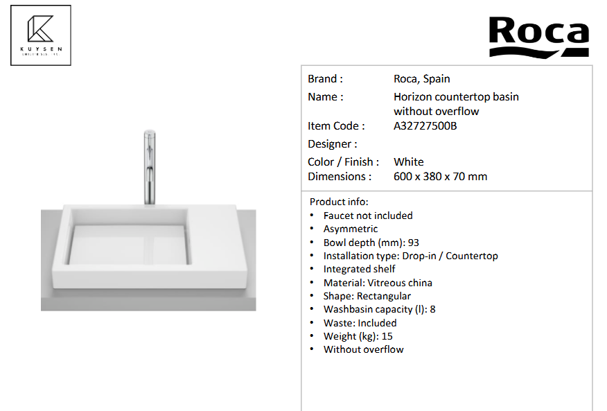 Roca HORIZON countertop basin without overflow A32727500B