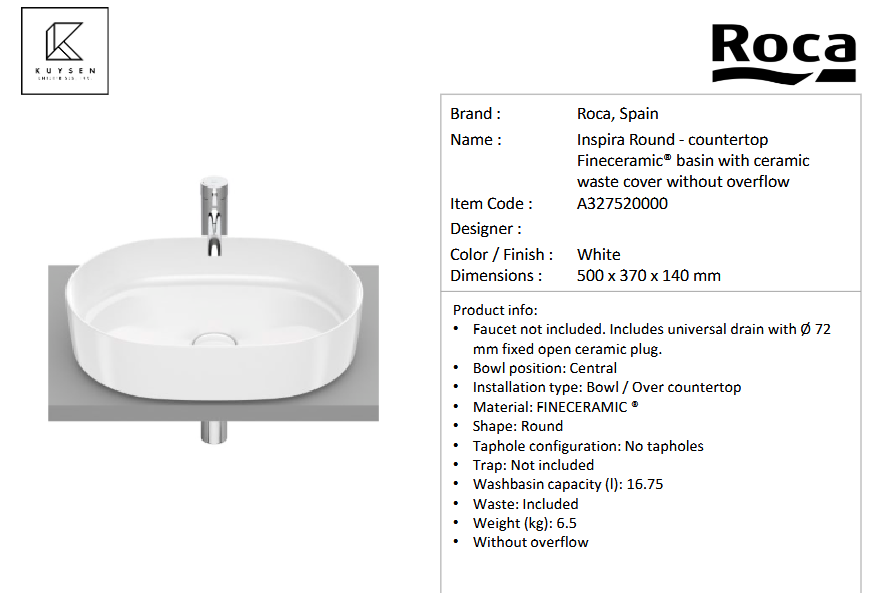 Roca INSPIRA ROUND countertop basin without overflow A327520000