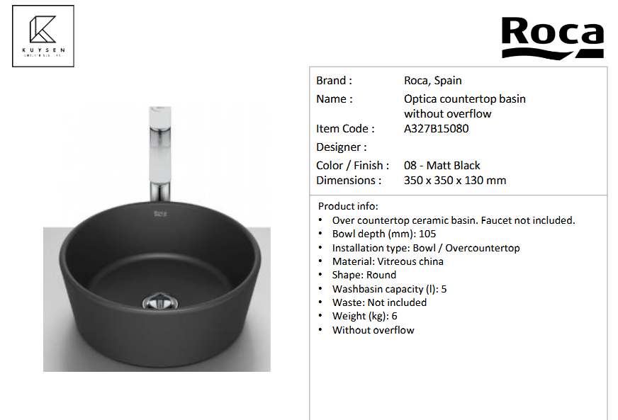 Roca OPTICA countertop basin without overflow A327B15080