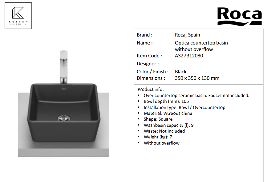Roca OPTICA countertop basin without overflow A327B12080
