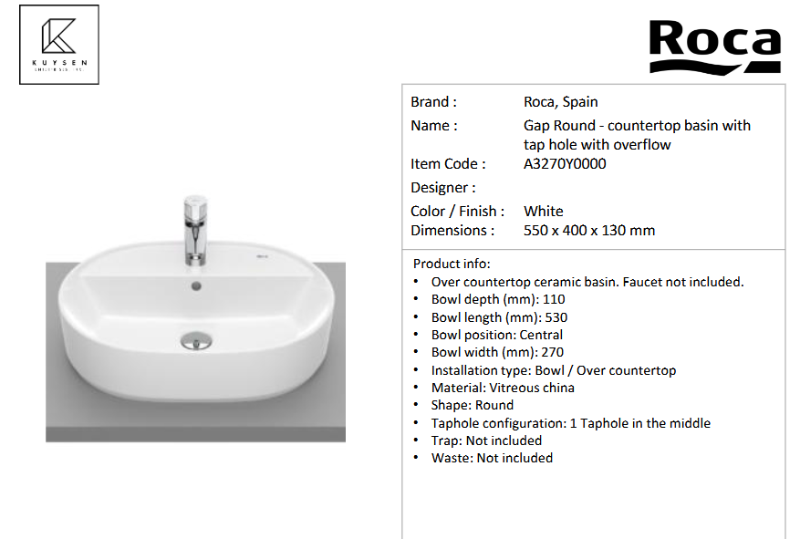 Roca GAP ROUND countertop basin with overflow, with tap hole A3270Y0000