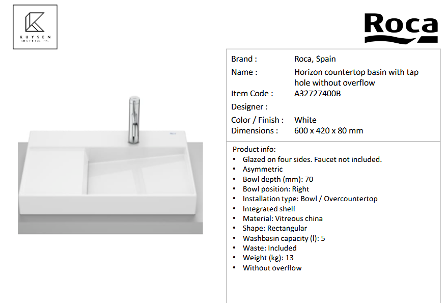 Roca HORIZON countertop basin without overflow, with 1 tap hole A32727400B