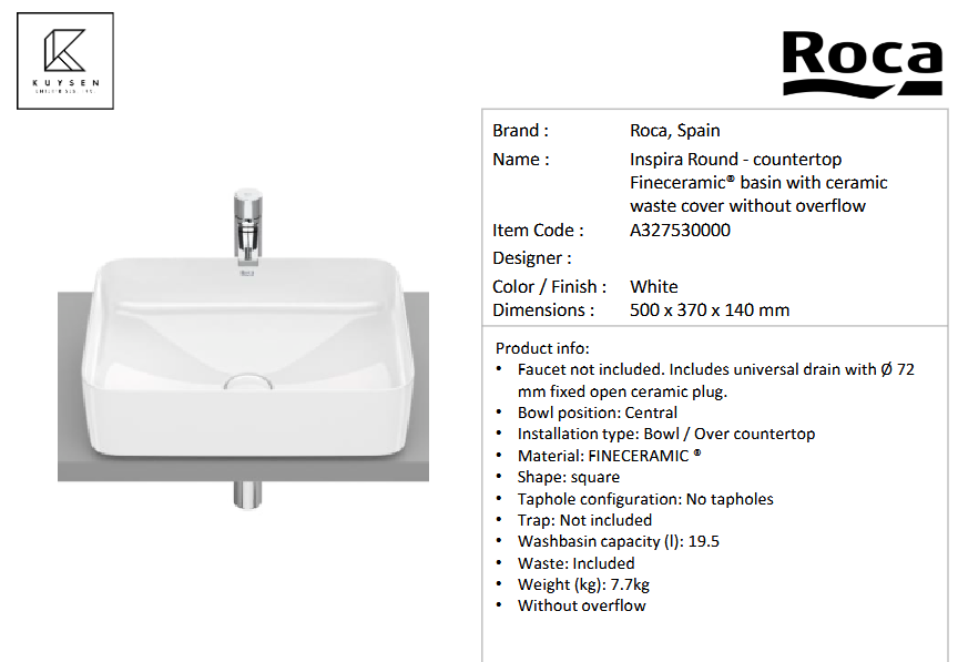 Roca INSPIRA SQUARE countertop basin without overflow A327530000