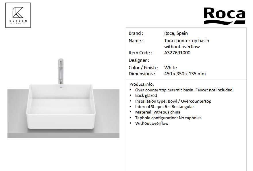 Roca Tura countertop basin without overflow A327691000