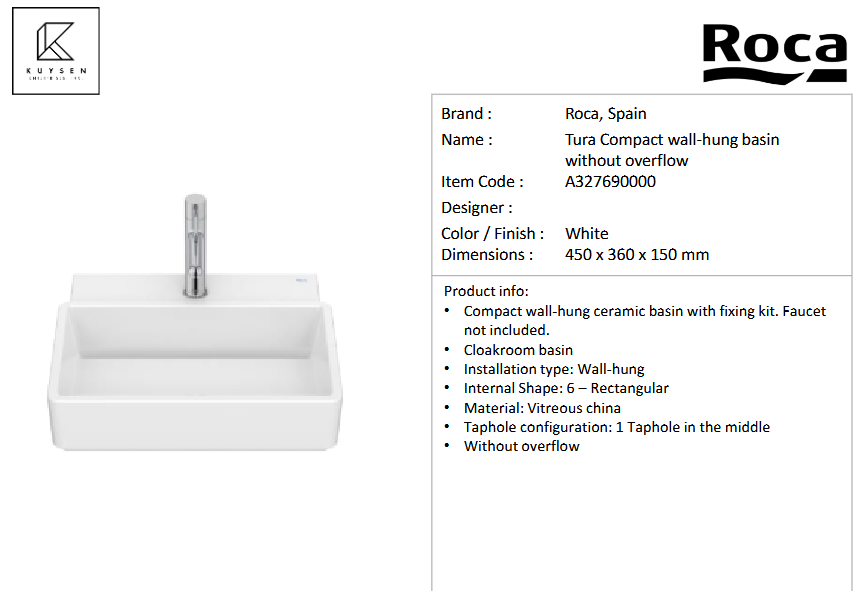 Roca TURA COMPACT wall hung basin without overflow A327690000