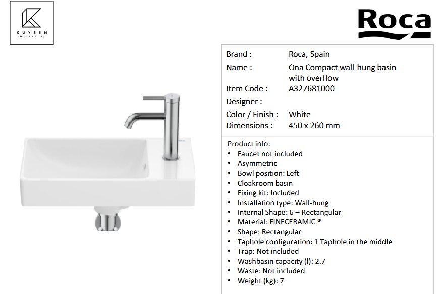 Roca ONA COMPACT wall hung basin with overflow A327681000