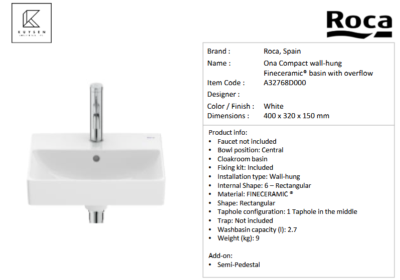 Roca ONA COMPACT wall-hung Fineceramic® basin with overlfow with semi pedestal A32768D000
