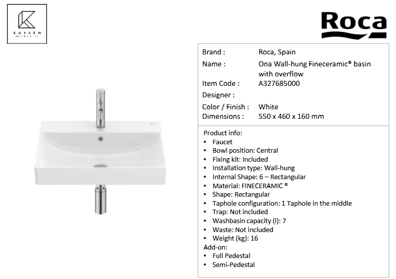 Roca ONA wall-hung Fineceramic® basin with overflow and full pedestal A327685000