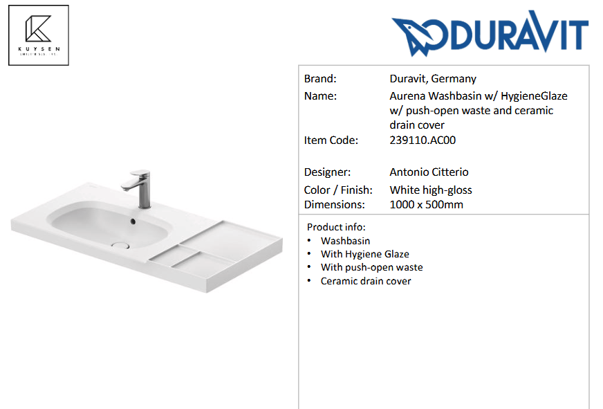 Duravit AURENA Washbasin w/ HygieneGlaze 239110.AC00
