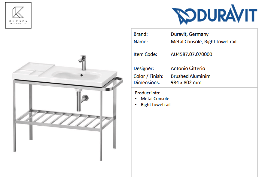 Duravit AURENA Metal Console, Right towel rail AU4587.07.0700 + 239110.AC00