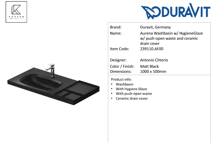 Duravit AURENA Washbasin w/ HygieneGlaze 239110.AF00