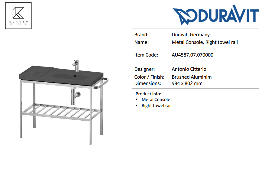 Duravit AURENA Washbasin black matt w/ HygieneGlaze and Metal Console, Right Towel Rail