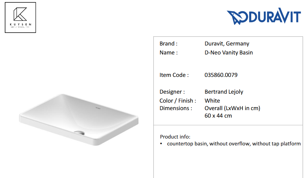 Duravit D-Neo vanity basin 600mm without overflow 035860.0079