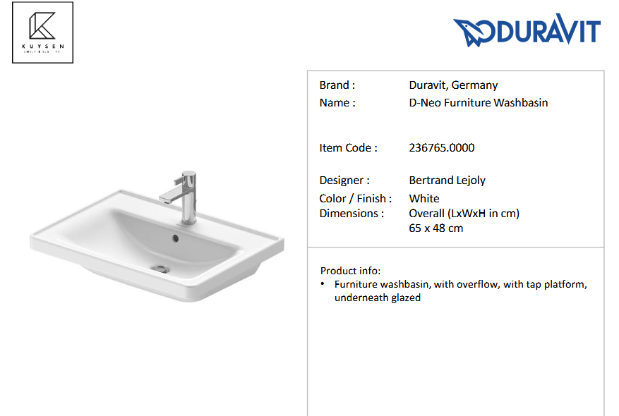 Duravit D-Neo furniture washbasin with overflow & 1 tap hole 650mm 236765.0000