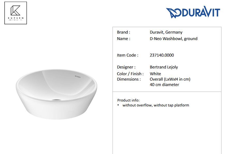 Duravit D-Neo washbowl without overflow 400mm 237140.0070