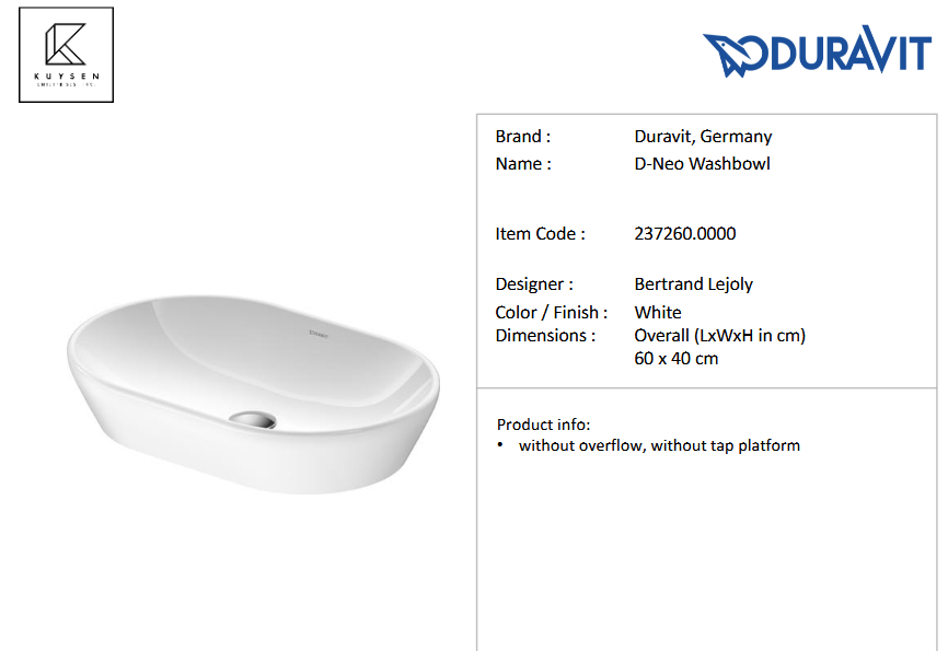 Duravit D-Neo washbowl without overflow 600x400mm 237260.0070