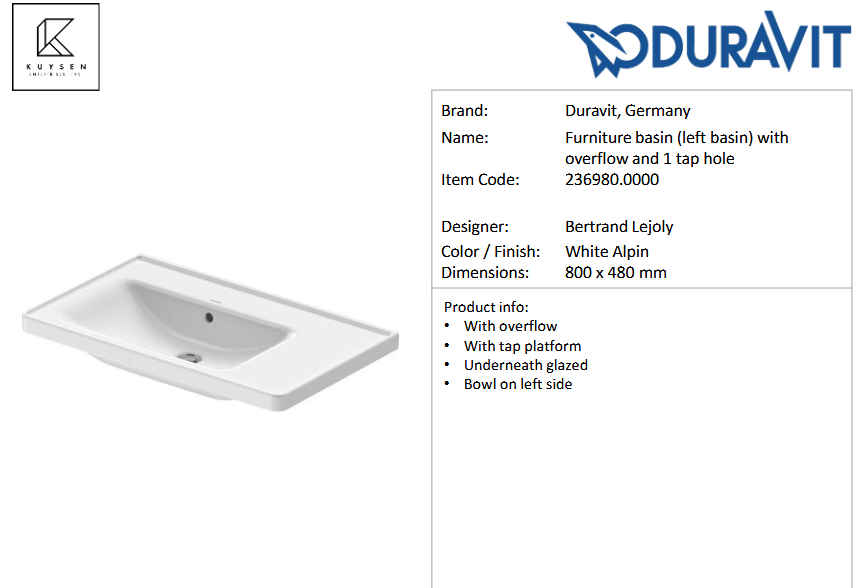 Duravit D-Neo furniture washbasin (left basin) 800mm with overflow 236980.0000