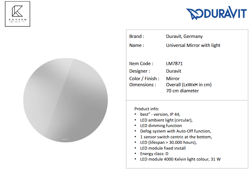 Duravit D-Neo lighted mirror 700x700x34mm LM78710.0000