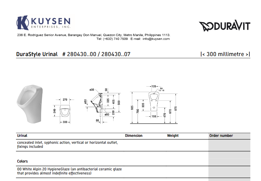 Duravit Durastyle urinal concealed inlet 280430.0000