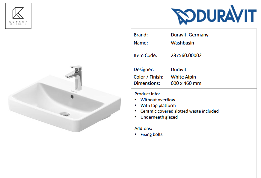 Duravit No.1 washbasin 600x460 with pedestal 237560.00002