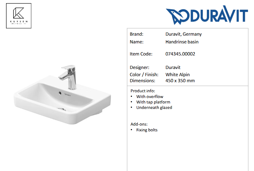 Duravit No.1 Handrinse basin 074345.00002