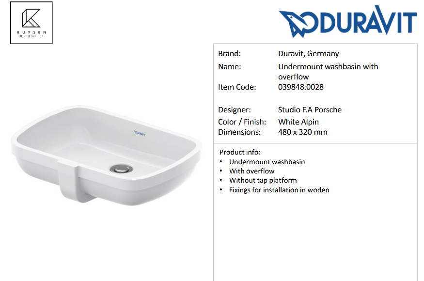 Duravit Qatego undermount basin 480x320mm 039848.0028