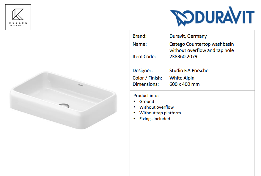 Duravit Qatego countertop basin 600x400mm 238360.2079