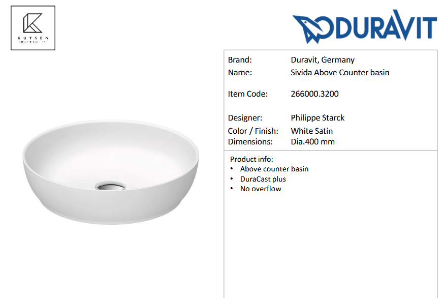 Duravit Sivida basin 400x400 white satin 266000.3200