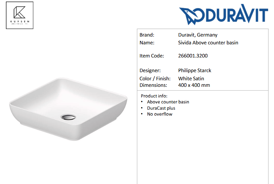 Duravit Sivida basin 400x400 white satin 266001.3200