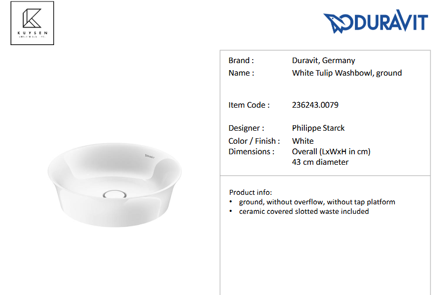 Duravit White Tulip washbowl 430mm w/o overflow 236243.0079