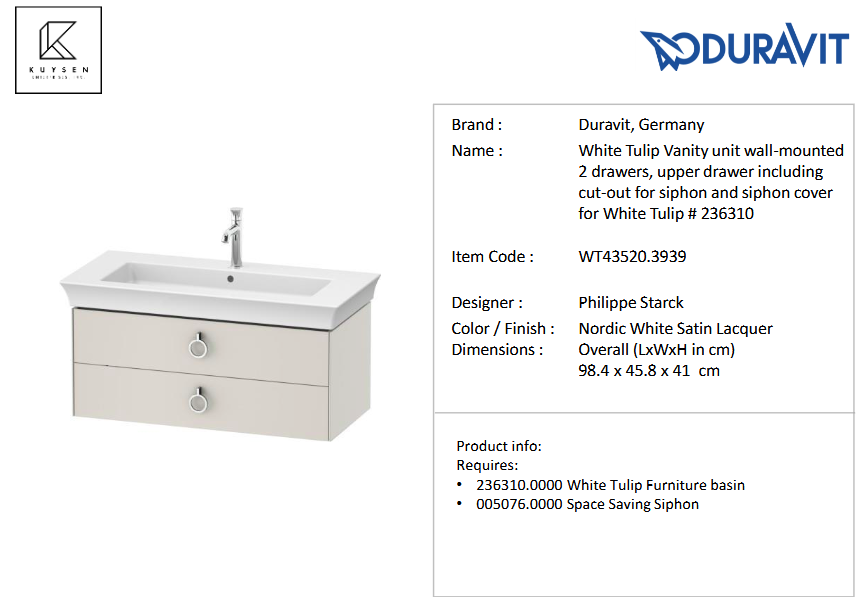 Duravit White Tulip vanity unit 2drawer with Wasbasin