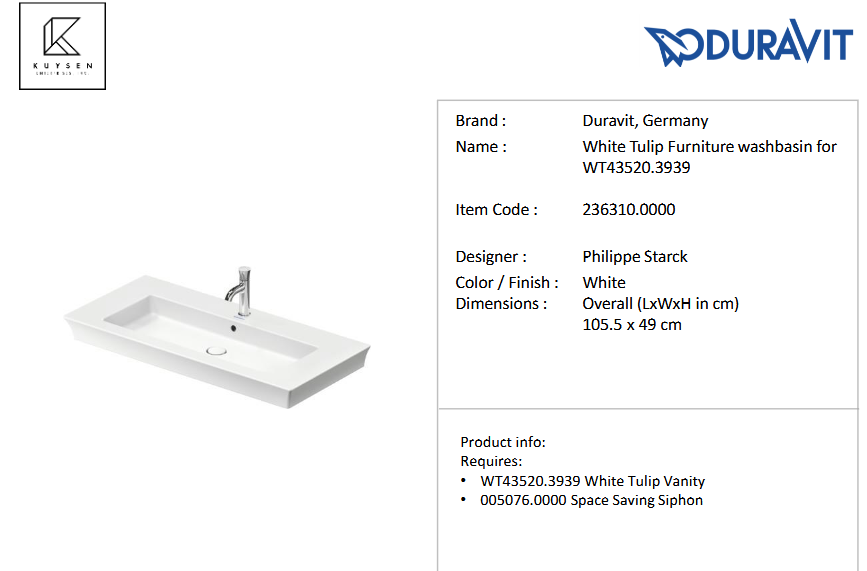 Duravit White Tulip vanity unit 2drawer with Wasbasin