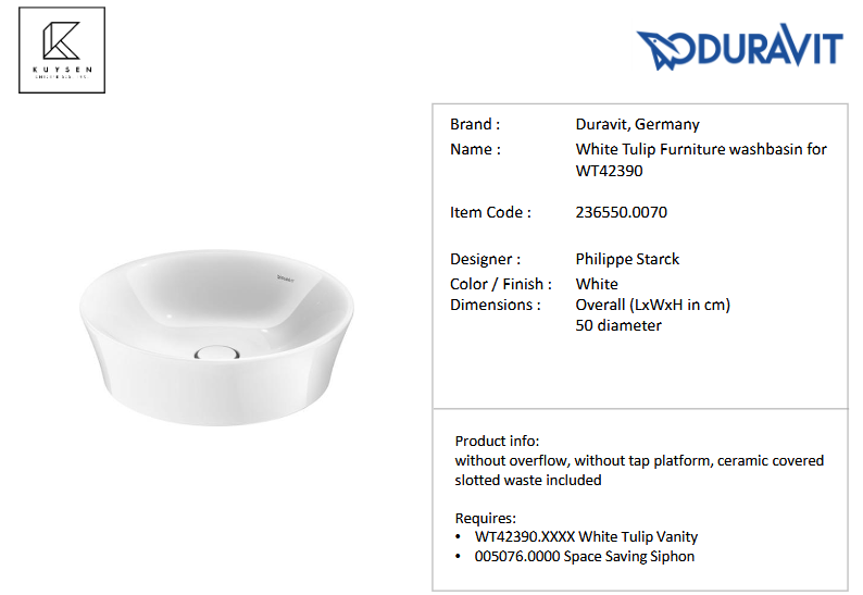 Duravit White Tulip furniture washbasin 500mm 236550.0070