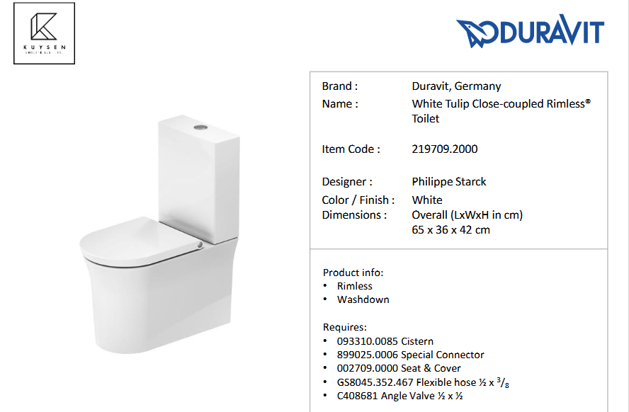 Duravit White Tulip toilet close coupled rimless 219709.2000