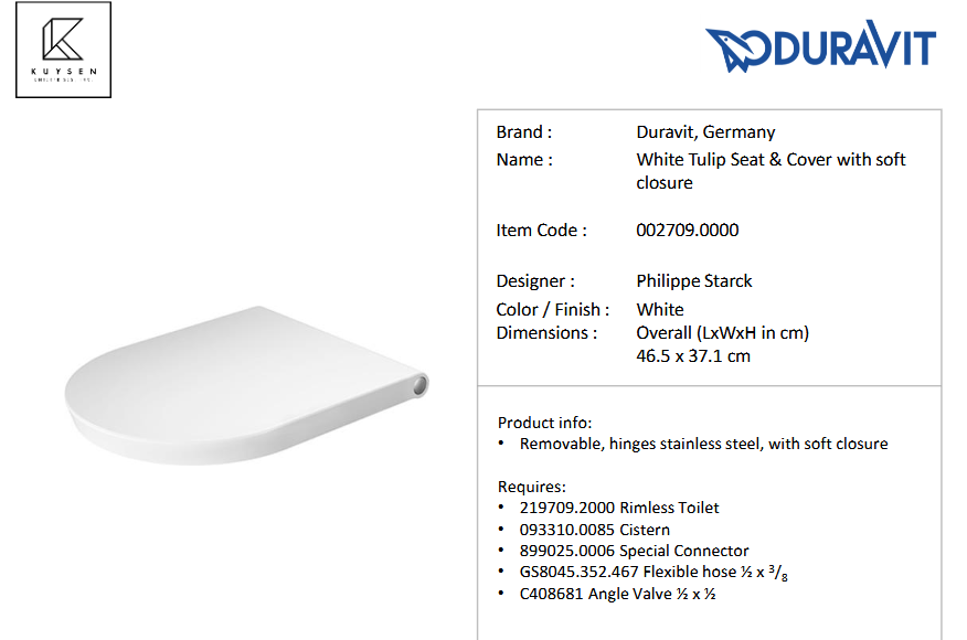 Duravit White Tulip toilet close coupled rimless 219709.2000