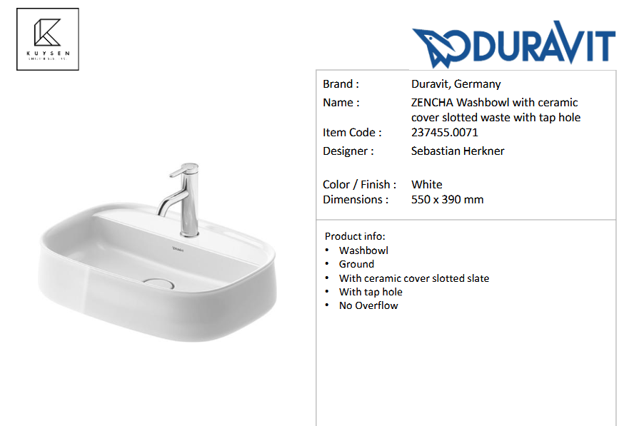 Duravit Zencha washbowl 550mm white 1TH 237455.0071