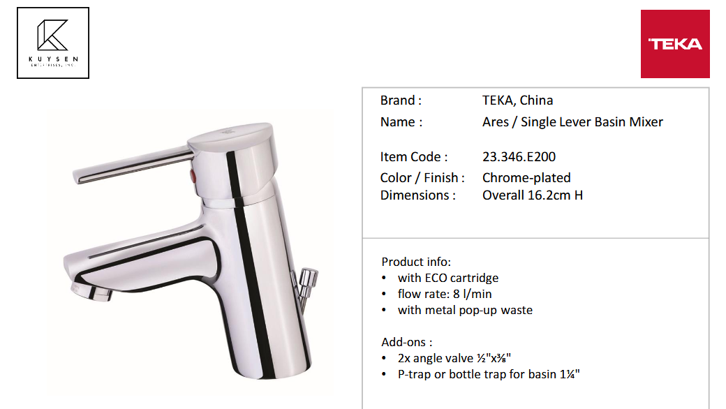 Teka Ares basin mixer with 3/8" hoses without pop up waste 23.346.E200